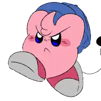 a close up of a pink cartoon character with a blue shirt on
