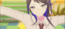 a girl with blue hair is wearing a white shirt and a tie .