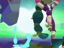 a cartoon character in a purple and pink outfit is standing in front of a green background