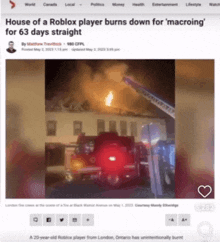 a screenshot of a news article about a roblox player burning down