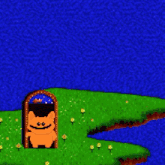 a pixel art of a cat standing in a doorway on a grassy hill .