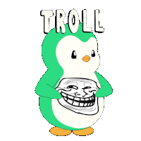 a green and white penguin with a troll face on its face