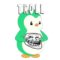 a green and white penguin with a troll face on its face