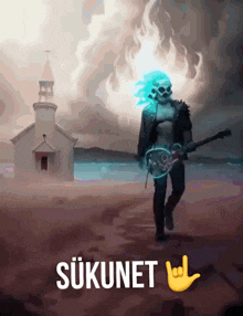 a painting of a ghost rider holding a guitar with sukunet written on the bottom right