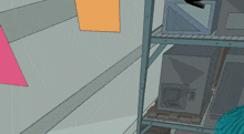 a cartoon shows a person falling from a shelf
