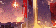 a cartoon illustration of a building with a red flag on it and a sun in the background .