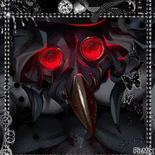 a picture of a monster with red eyes and a picture of a butterfly on the bottom right