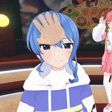 a girl with blue hair has a hand on her forehead