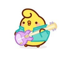 a cartoon chicken is playing a guitar with music notes behind him