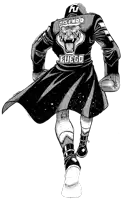 a black and white drawing of a boxer with the name t-sendo fuego on the back of his jacket