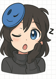 a cartoon girl with a blue mask on her head