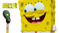 a picture of spongebob with the words sorry written above him