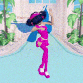 a cartoon fairy is dancing in a room with palm trees