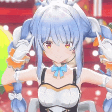 a close up of a 3d anime girl with blue hair making a peace sign with her hands .