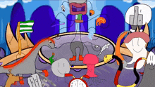 a group of cartoon characters are gathered around a clock with the hands on the number 12
