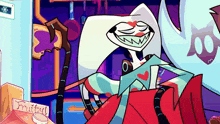 a cartoon character is sitting next to a box of fruity juice