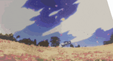 a painting of a field of flowers with a blue sky