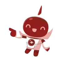 a red and white robot with a planet on his chest is pointing
