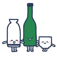 a cartoon drawing of a bottle and two cups with faces on them