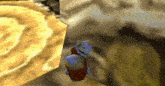 a cartoon character wearing a crown is standing on a rock .