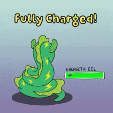 a cartoon of a fully charged eel with a hp bar