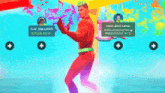 a man in a red suit is standing in front of a blue background .