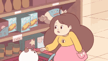 a cartoon of a girl pushing a cart in a store with a sign that says sale on it