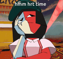 a cartoon character with the words hmm hrt time written on it