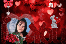 a valentine 's day greeting with a picture of a woman and a teddy bear
