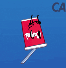 a cartoon drawing of a coca cola can with a stick figure sticking out of it