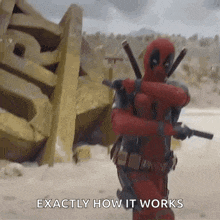 deadpool is holding a gun and hugging a woman in a desert while saying exactly how it works .