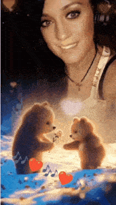 a woman is standing next to two teddy bears holding a rose and a microphone .