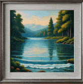 a framed painting of a lake with trees in the background