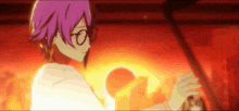 a girl with purple hair and glasses stands in front of a red background
