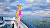 a girl in a pink bathing suit stands on a boat