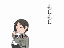 a cartoon drawing of a man talking on a phone with chinese writing behind him