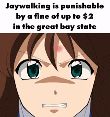 a picture of a girl with the words jaywalking is punishable by a fine of up to $2 in the great bay state