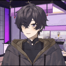 a cartoon character with purple eyes and a hoodie
