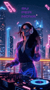 a woman wearing headphones is standing in front of a mixer with the words su per nova above her
