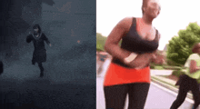 a blurry picture of a woman running next to a picture of a man running