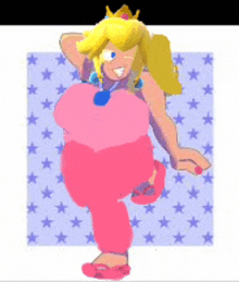 a cartoon of princess peach standing in front of a blue and white star background
