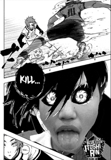 a black and white drawing of a person with their tongue out and the words kill on it