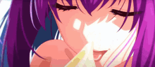 a close up of a girl with purple hair holding a condom