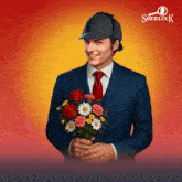 a man in a suit and tie holding a bouquet of flowers with a sherlock logo in the background