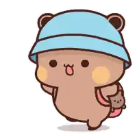 a cartoon teddy bear wearing a blue hat and holding a backpack .