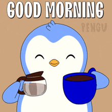 a penguin holding a cup of coffee and a coffee pot
