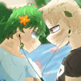 a drawing of two anime characters looking at each other with a flower in their hair