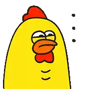 a cartoon chicken with a red crest and orange beak is looking at the camera with two dots above its head .