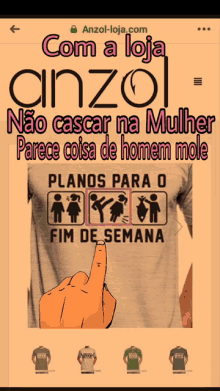 a screenshot of anzol-loja.com shows a t-shirt that says com a loja cinzol