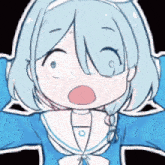 a cartoon girl with blue hair is wearing a blue jacket and a white shirt .